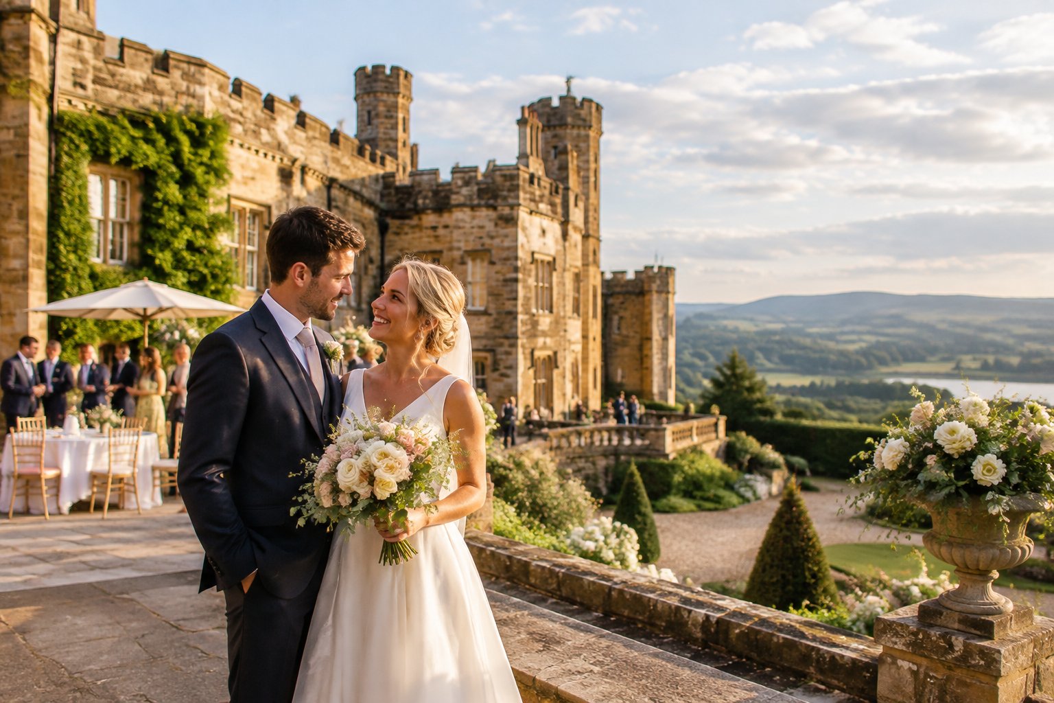 A newlywed couple stand outside a grand stone castle surrounded by gardens and countryside.