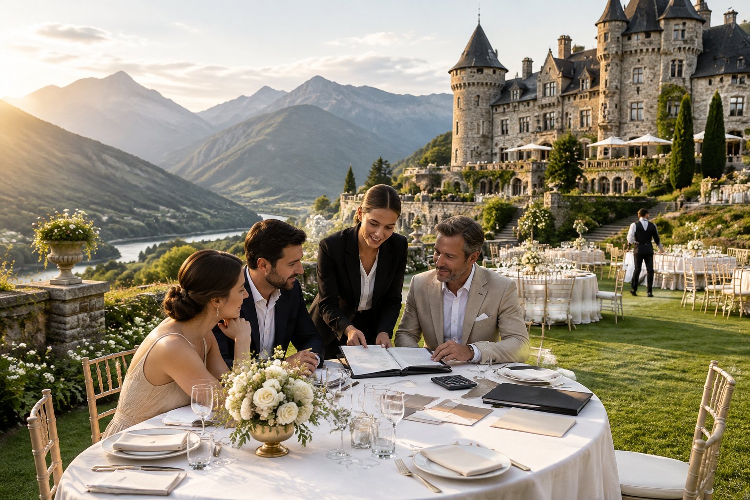 An elegant castle wedding venue overlooks a green valley with a decorated outdoor reception and guests reviewing wedding plans.