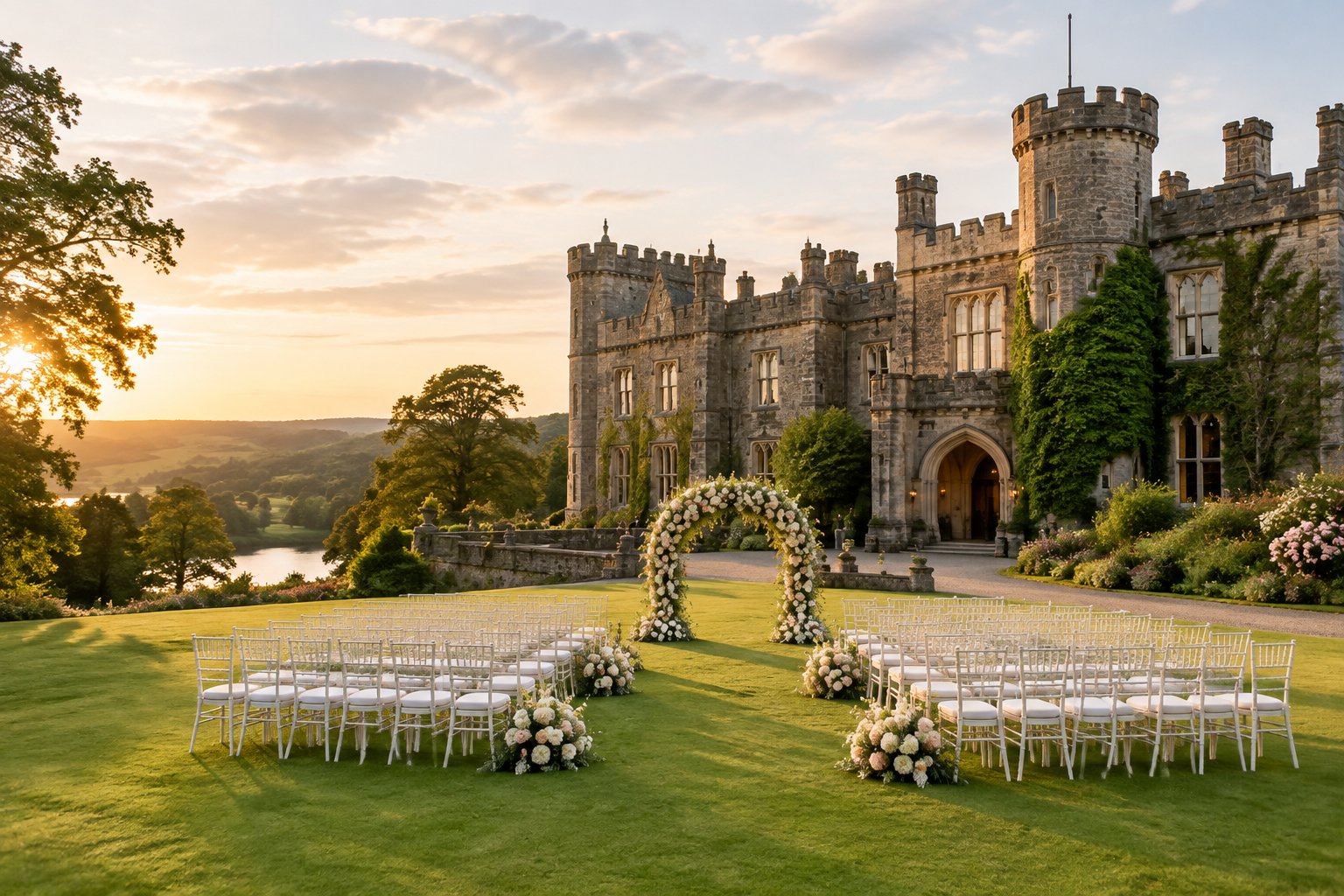 A historic stone castle wedding venue surrounded by landscaped gardens, with a floral ceremony arch and white chairs on the lawn.