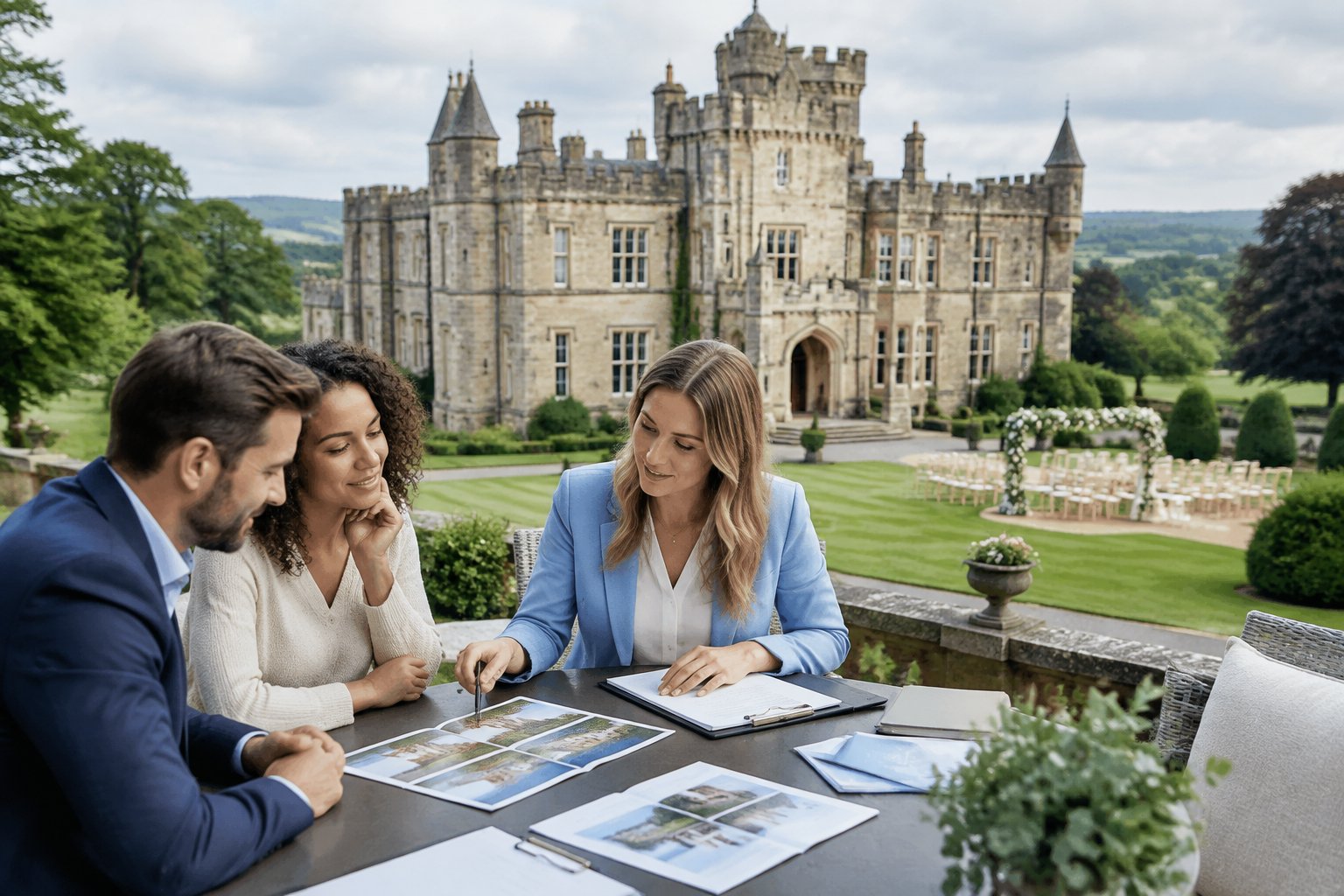 A couple and venue consultant compare wedding venue materials outside a historic stone castle.