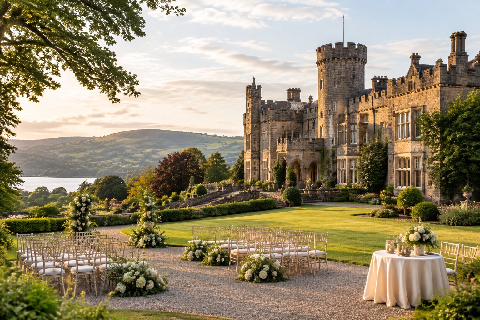 A historic stone castle wedding venue surrounded by gardens, green countryside, and distant hills.
