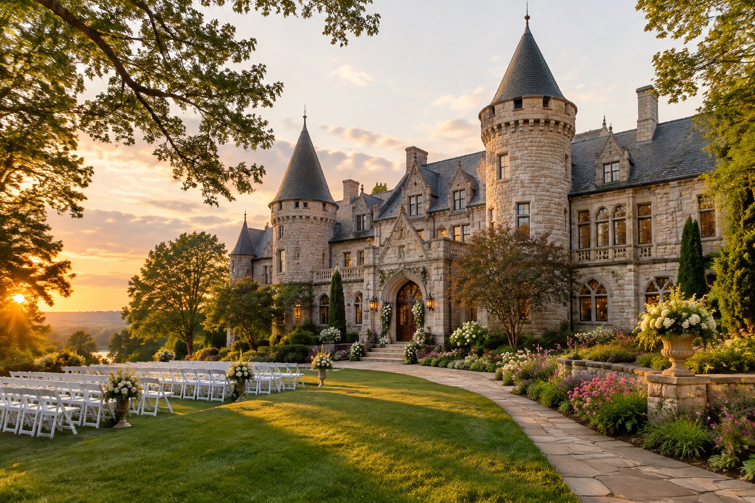 A castle-style wedding venue surrounded by gardens and trees in warm evening light.