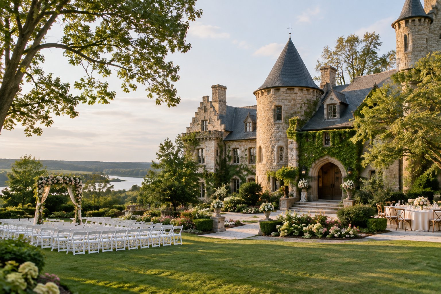 A castle-style wedding venue with stone walls, turrets, gardens, and an outdoor ceremony setup.