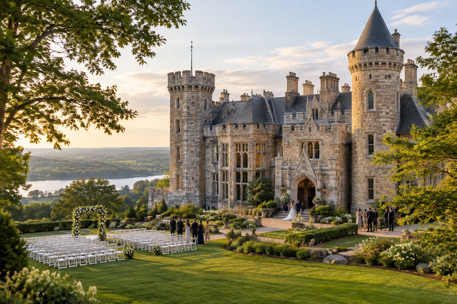 A historic stone castle wedding venue overlooks a landscaped lawn prepared for an outdoor ceremony.