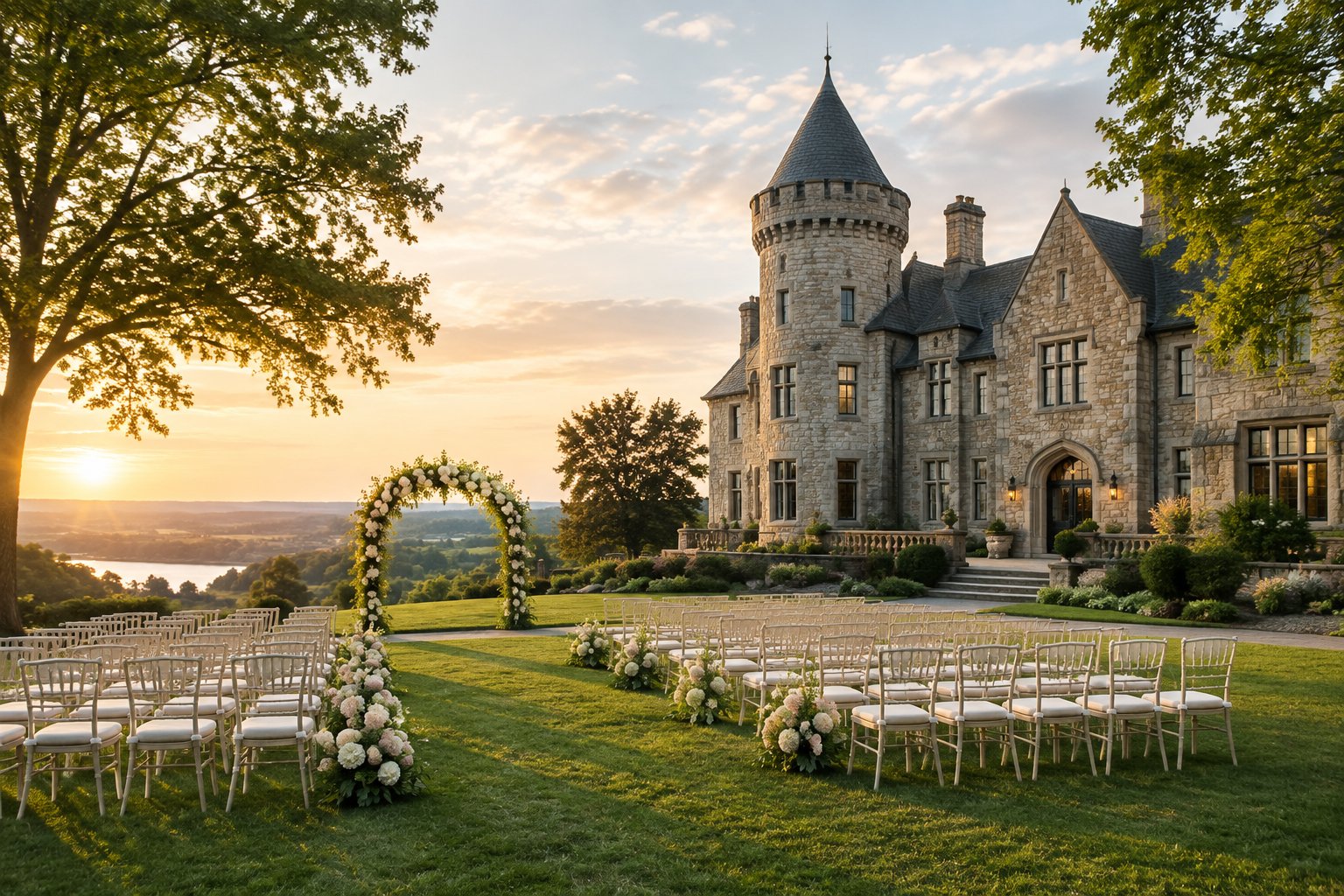 A castle-inspired wedding venue with manicured grounds and an outdoor ceremony setup.