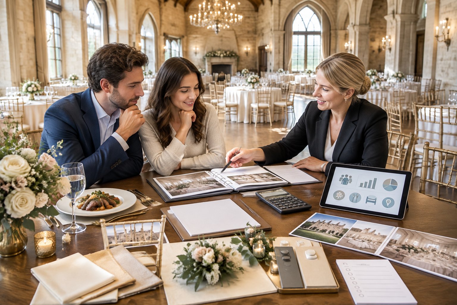 A couple and venue coordinator compare wedding venue details at a table inside an elegant castle-style reception hall.