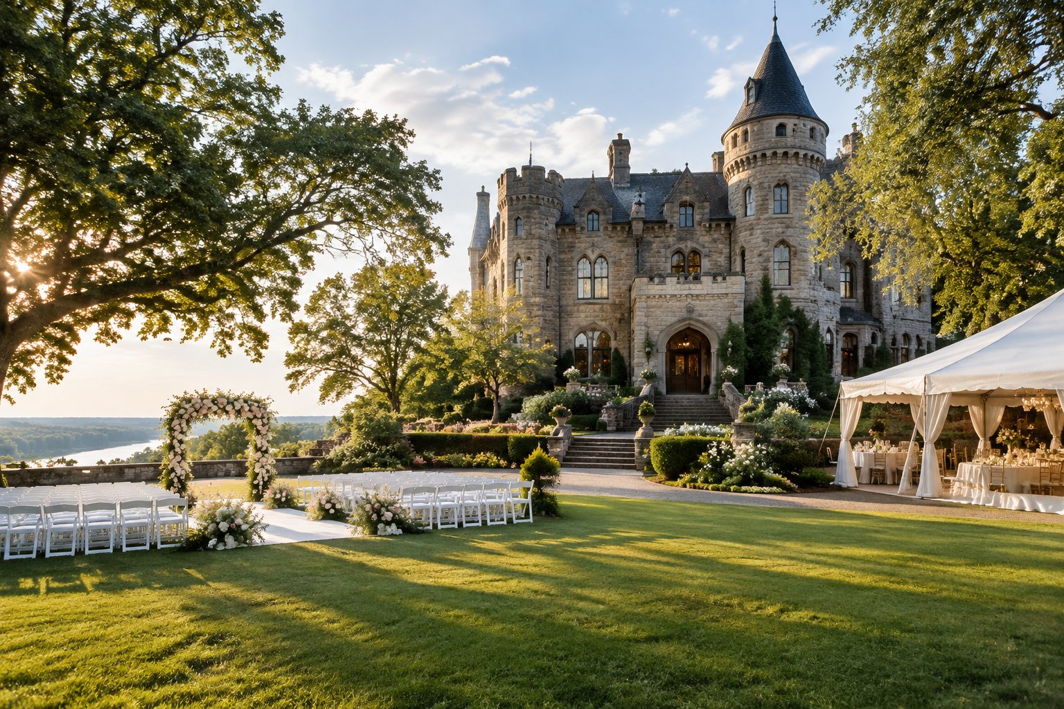 A castle-like wedding venue with landscaped gardens, white ceremony chairs, and a floral arch in Vicksburg.