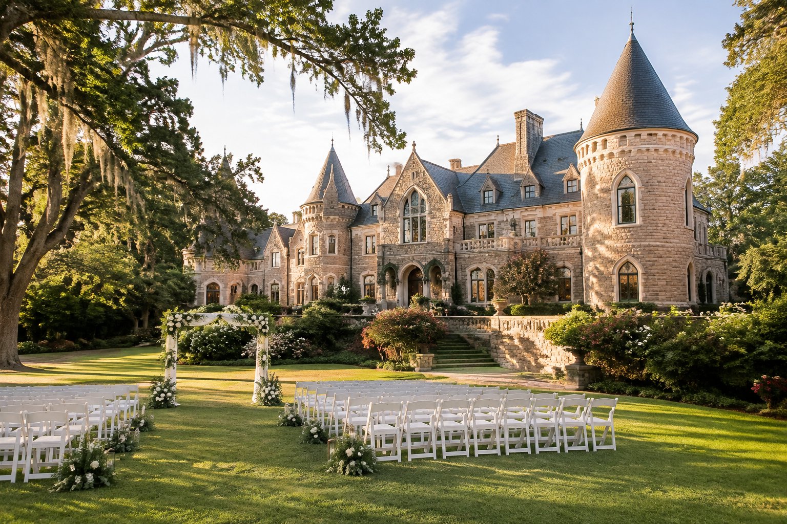 A stone castle-inspired wedding venue surrounded by lawns, trees, and an outdoor ceremony setup.