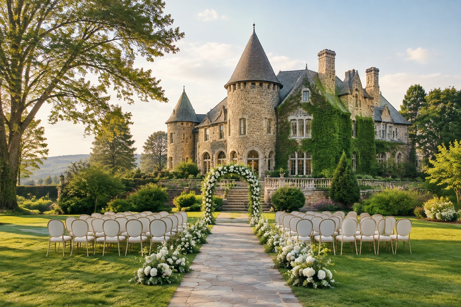 A grand stone castle wedding venue surrounded by landscaped gardens with an outdoor ceremony setup.