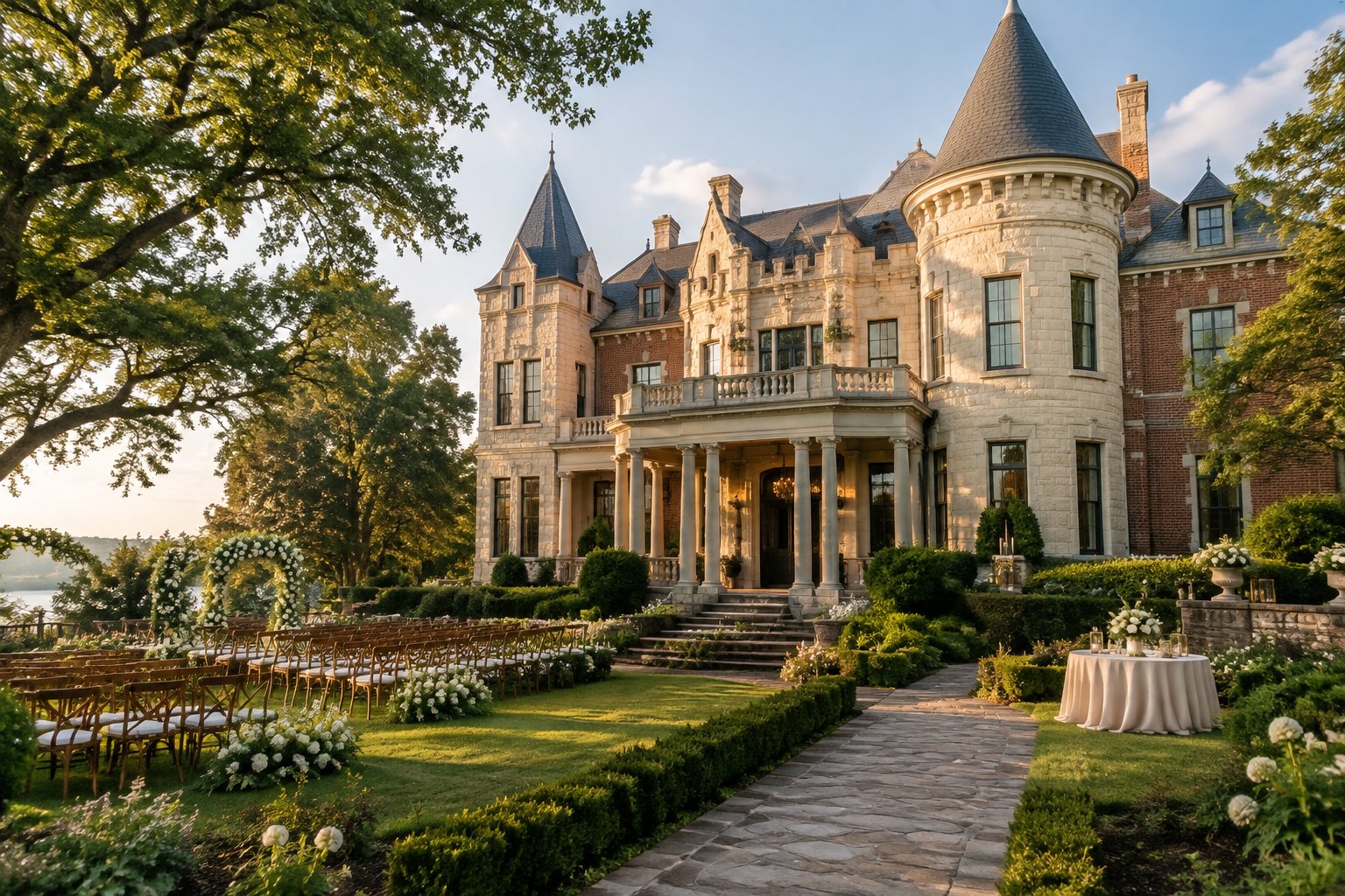 A historic castle-inspired estate in Vicksburg surrounded by landscaped gardens and an elegant outdoor wedding setup.
