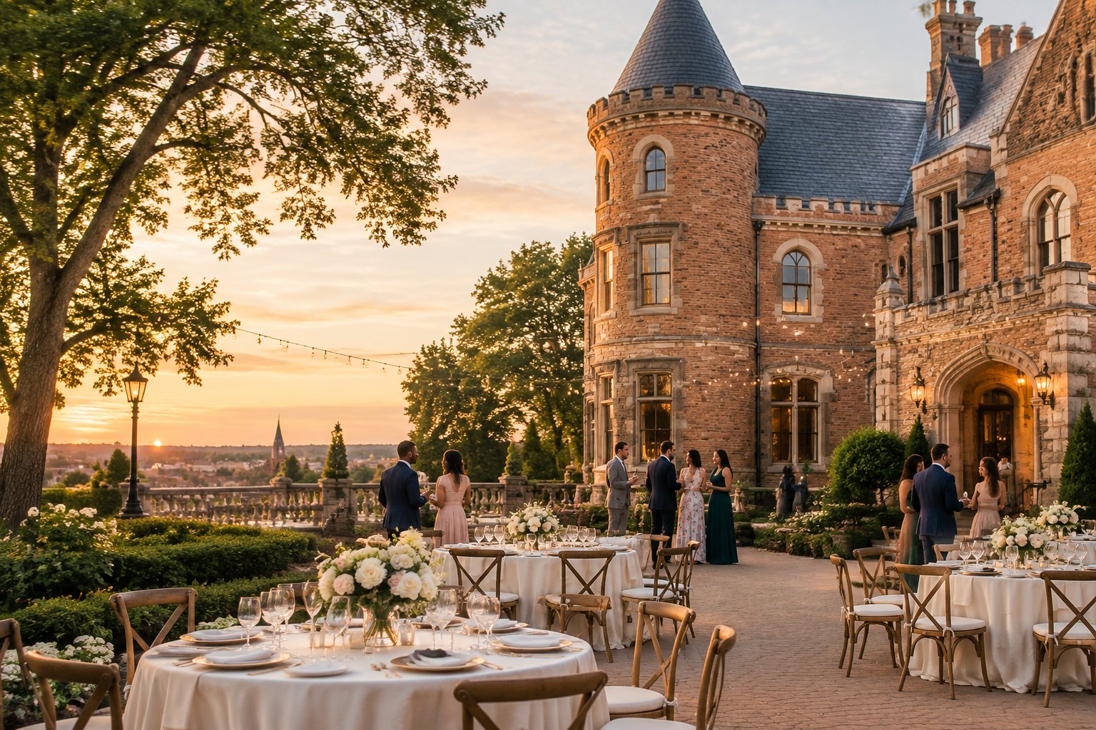 An elegant castle-inspired wedding reception venue with outdoor tables, floral centerpieces, string lights, and guests gathered at sunset.