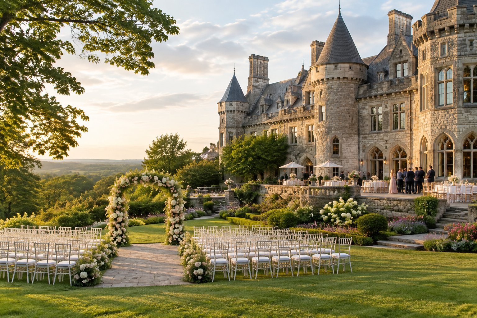 A stone castle-style wedding venue surrounded by gardens with chairs arranged for an outdoor ceremony.