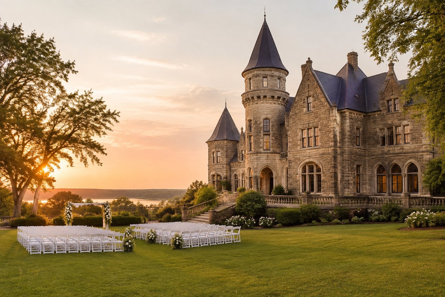 A historic castle-style wedding venue surrounded by gardens and arranged ceremony chairs.