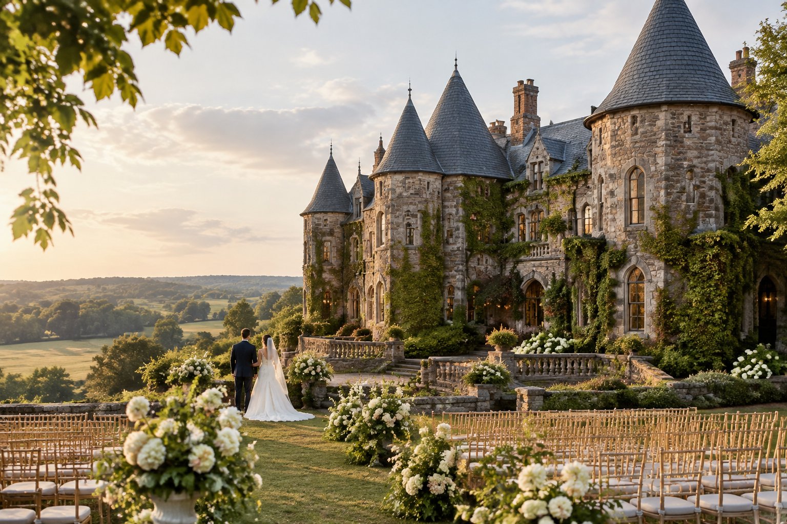 A stone castle wedding venue surrounded by gardens, with an outdoor ceremony setup and a couple in the foreground.