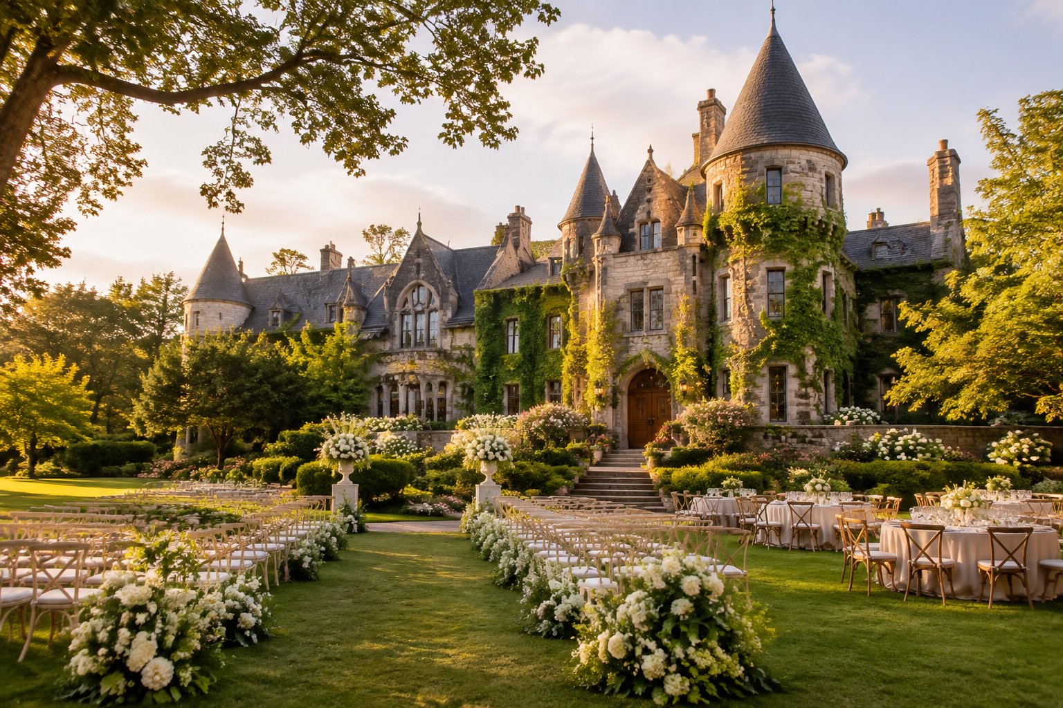 A historic stone castle-style wedding venue surrounded by landscaped gardens and an outdoor ceremony setup.