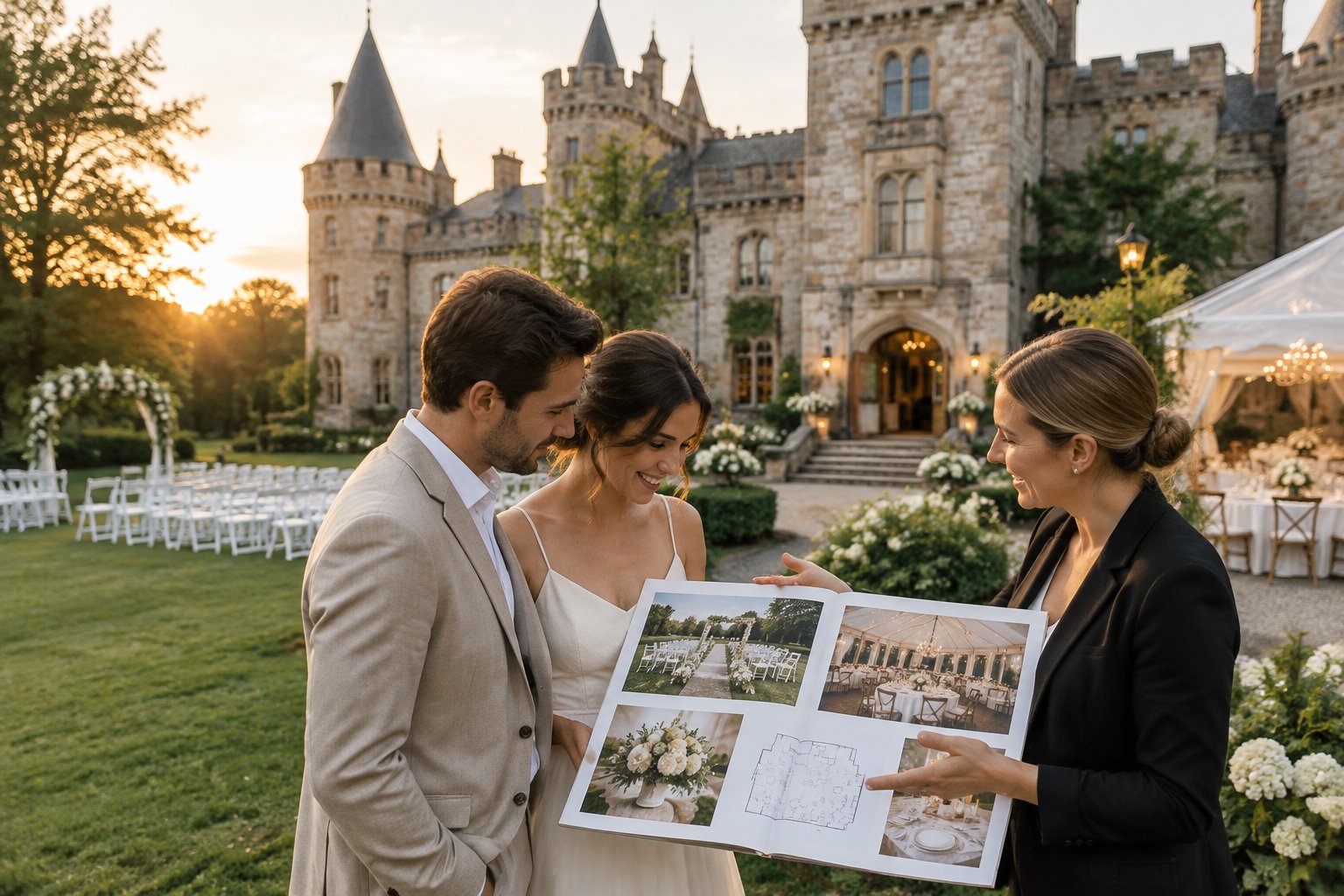 A couple and wedding planner review plans outside an elegant castle-style wedding venue.