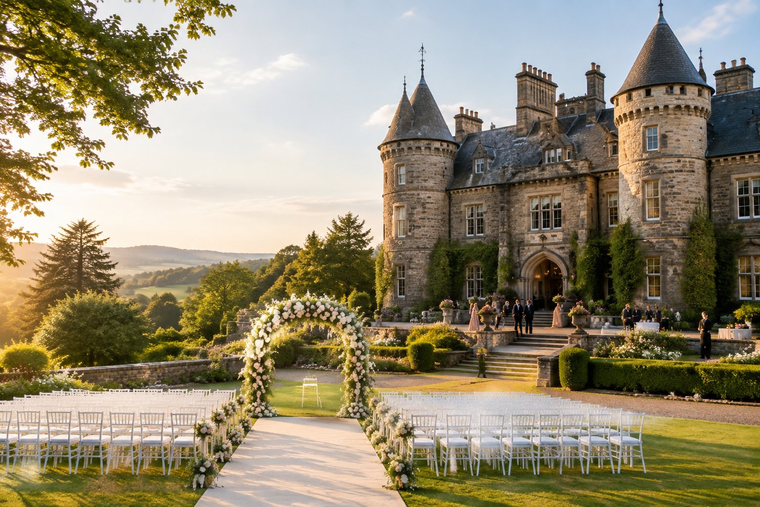 A historic stone castle wedding venue surrounded by gardens, with a floral ceremony arch and white chairs on the lawn.
