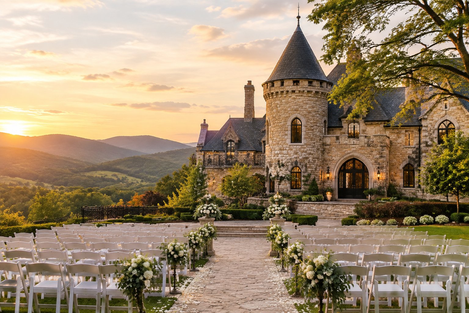 A castle-inspired stone wedding venue with a turret, manicured grounds, and an outdoor ceremony setup in a scenic hilly landscape.