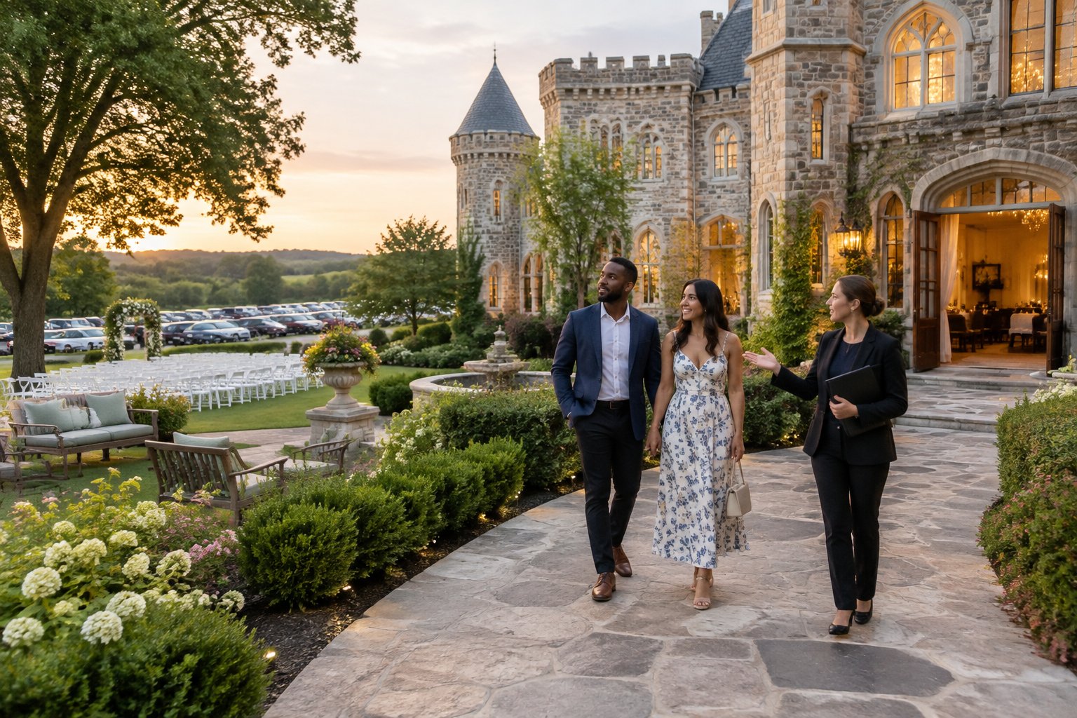 A couple tours the grounds of an elegant castle-style wedding venue with a coordinator.