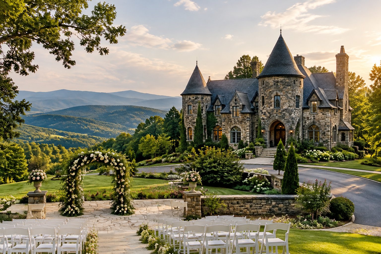 A castle-like wedding venue surrounded by landscaped grounds, rolling hills, and distant mountains.