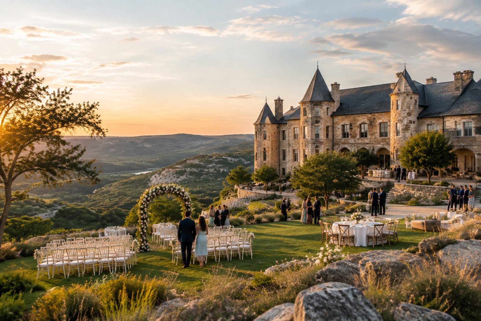 A stone castle wedding venue in the Texas Hill Country with an outdoor ceremony setup and rolling mountains behind it.