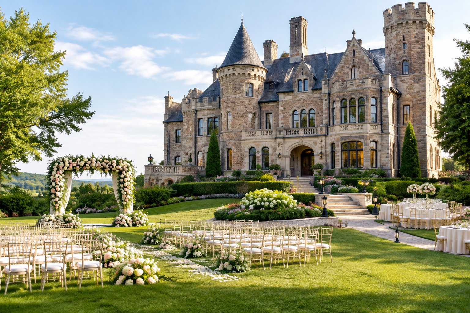 A grand castle wedding venue surrounded by manicured gardens and an outdoor ceremony setup.