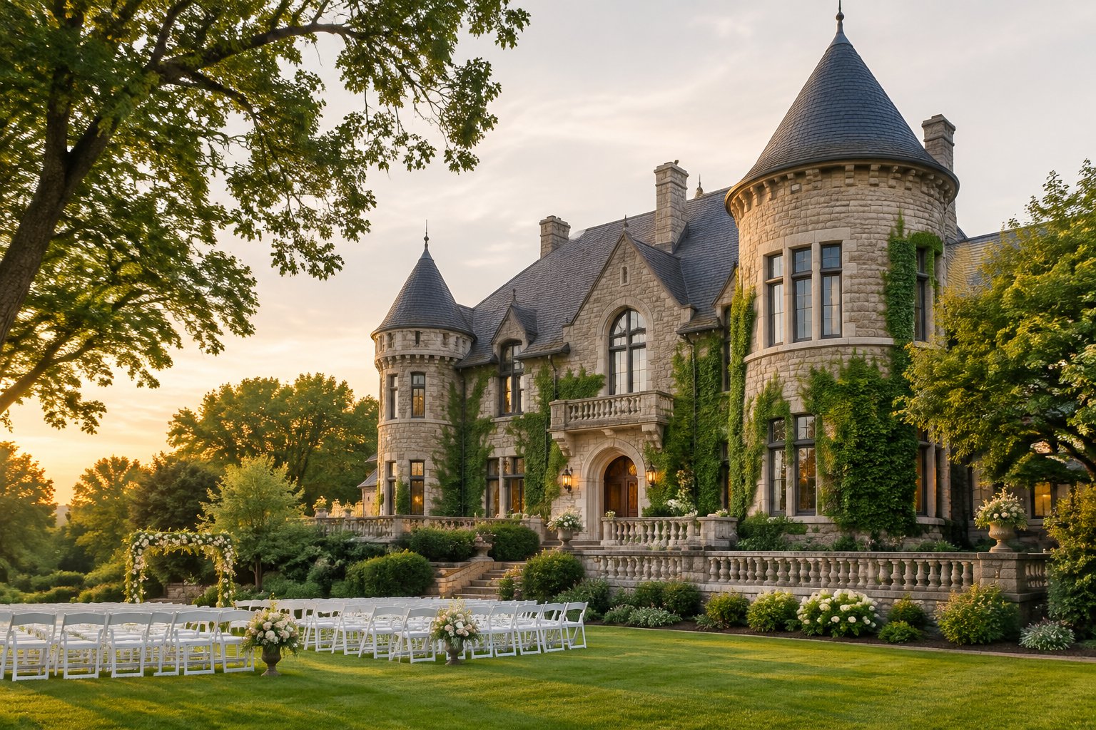A castle-style wedding venue with turrets, landscaped grounds, and an outdoor ceremony setup.