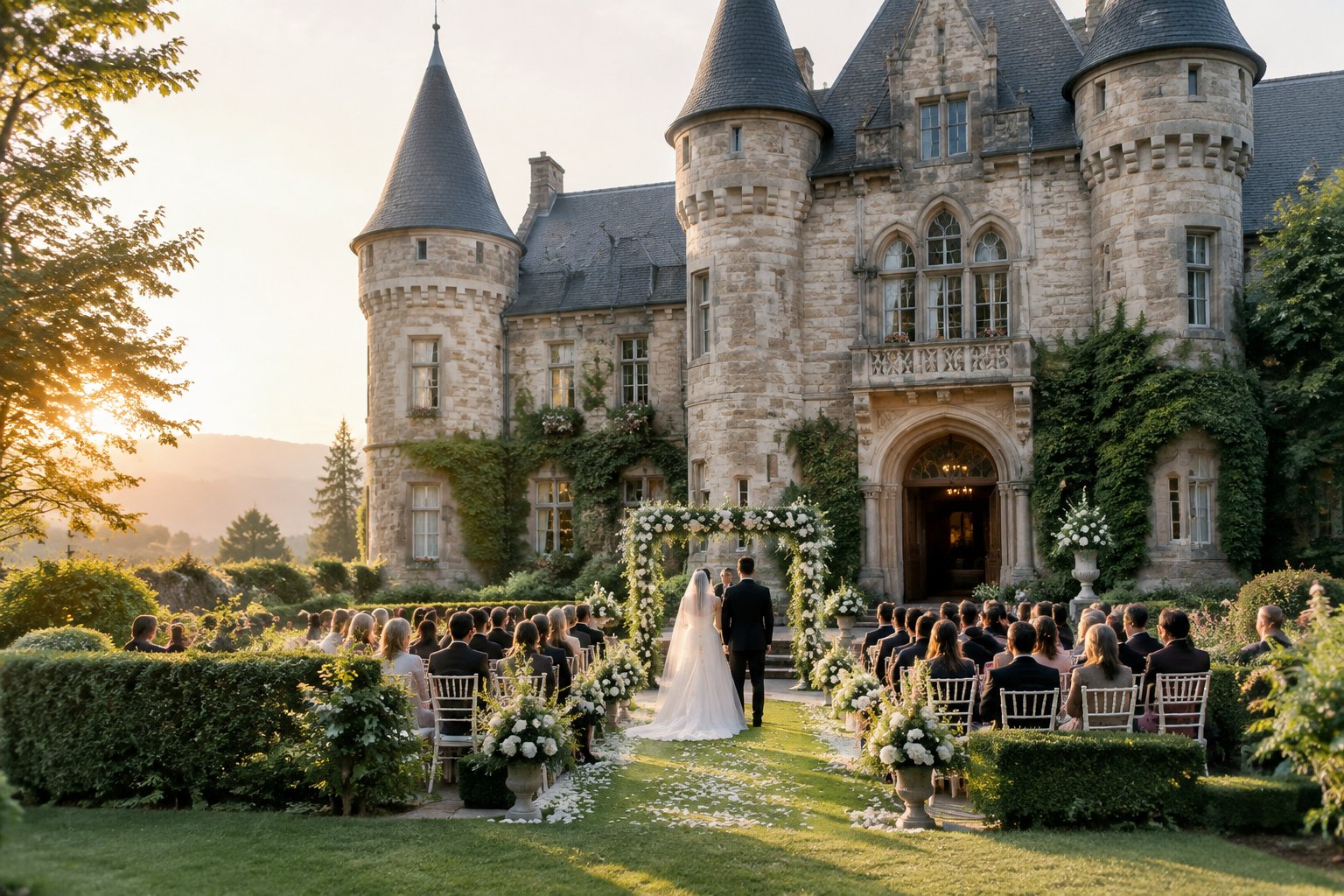 A bride and groom stand near an elegant castle wedding venue surrounded by gardens and white flowers.