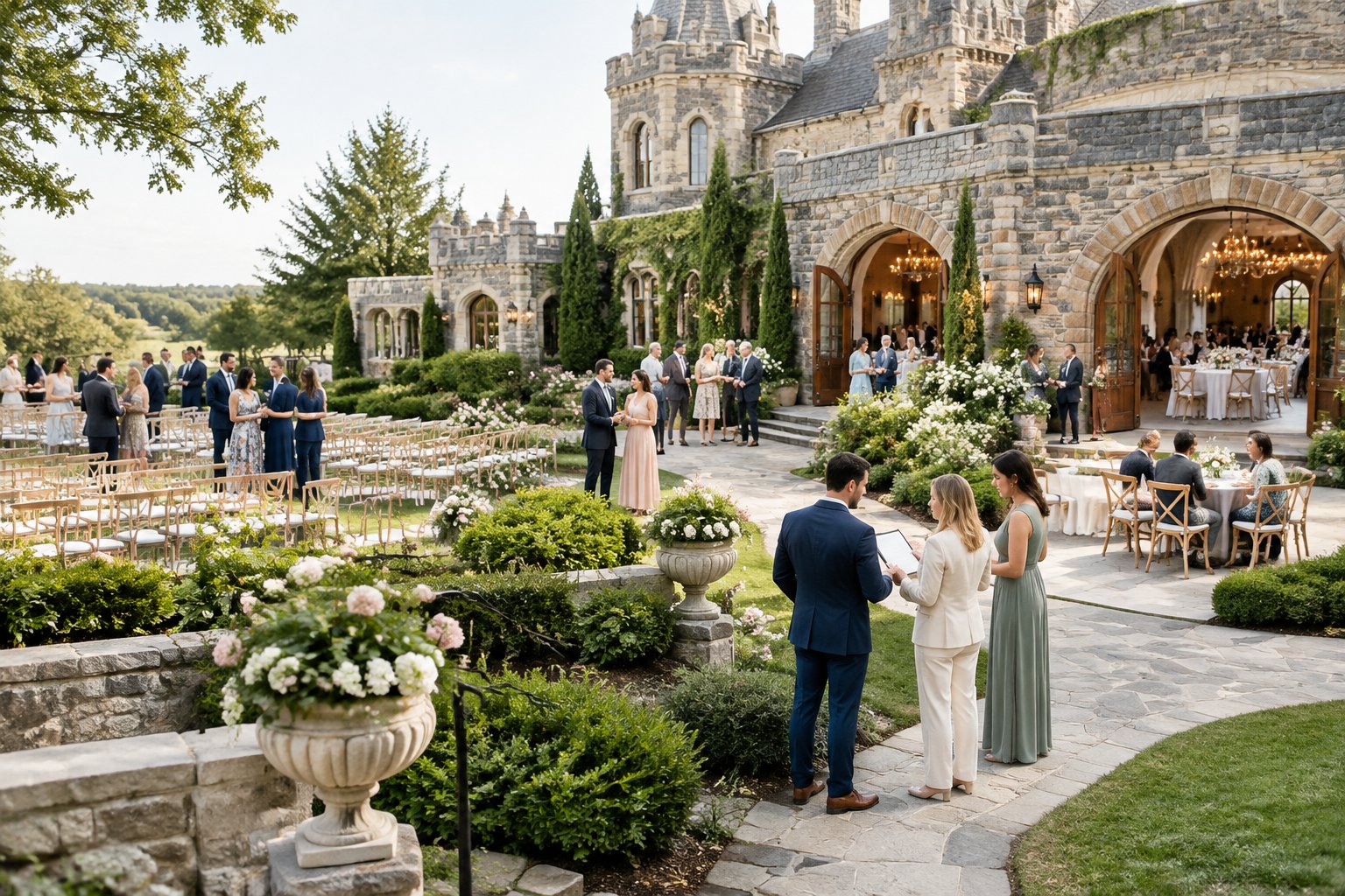Wedding guests gather around a castle-style venue with gardens and spacious event areas.