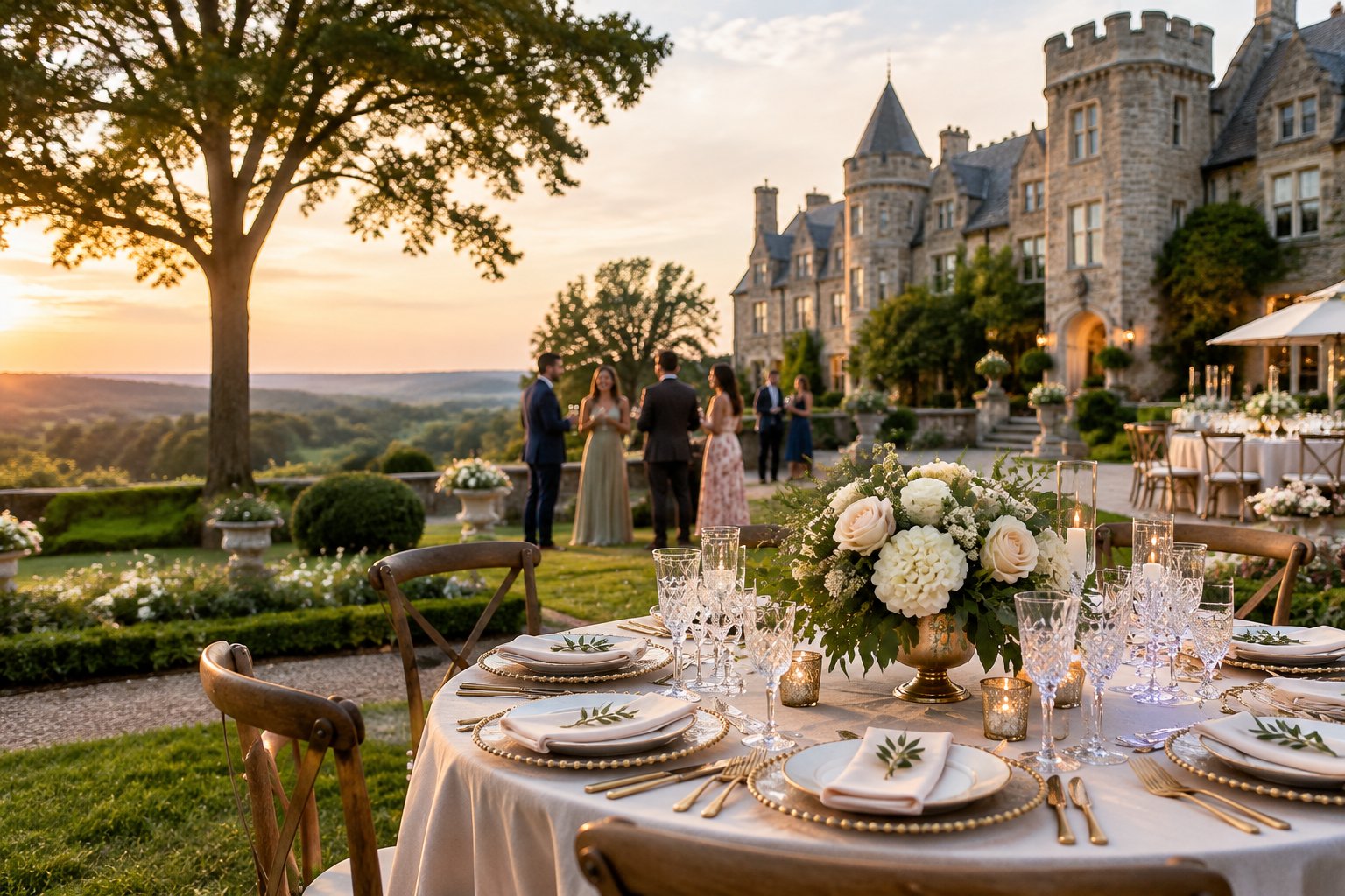 An elegant outdoor wedding reception set beside a grand historic estate with guests mingling in the gardens.