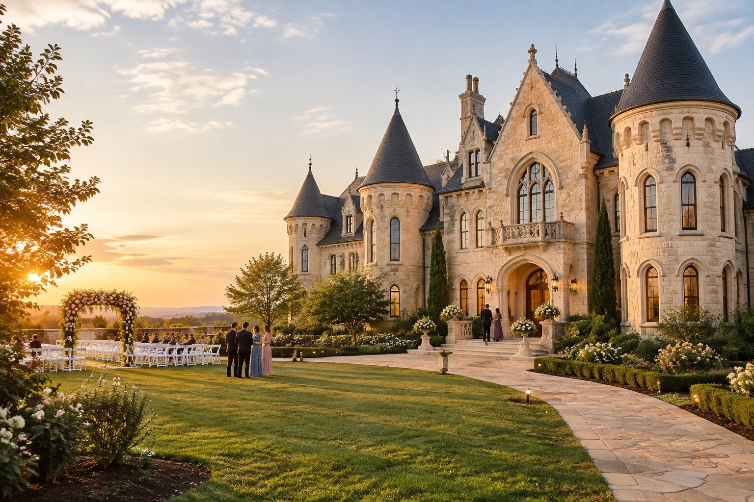 A grand château-style wedding venue with landscaped gardens, a floral ceremony arch, and white guest chairs.