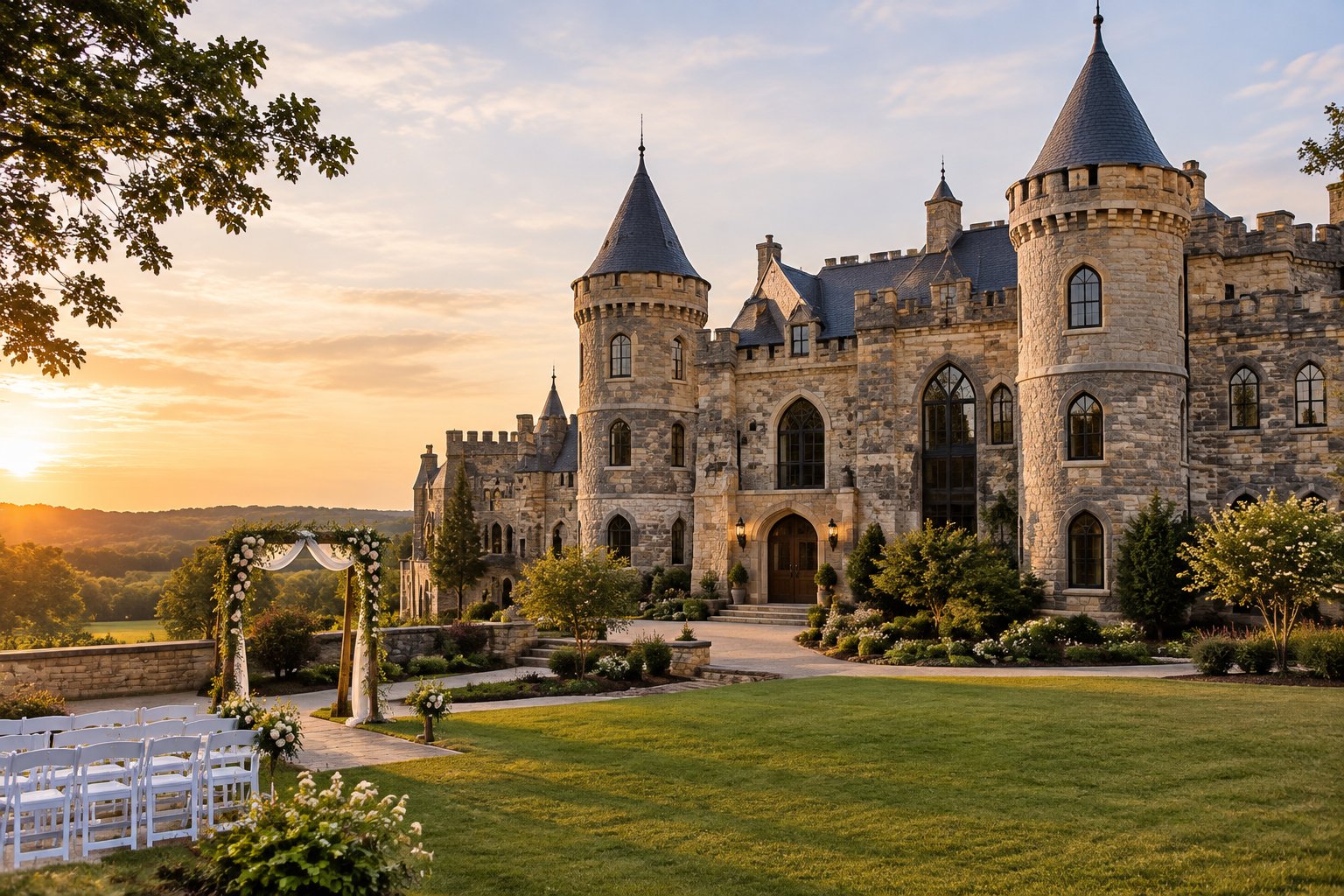 A castle-style wedding venue surrounded by green lawns and landscaped grounds.