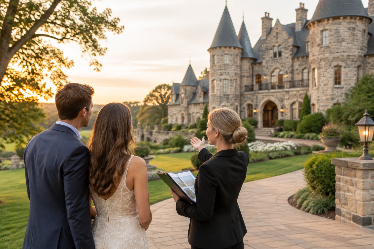 An engaged couple tours an elegant castle-style wedding venue with a coordinator.