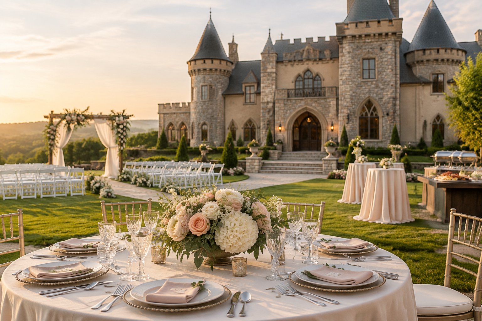 Elegant wedding reception setup outside a castle-inspired venue with manicured lawns and a ceremony area.