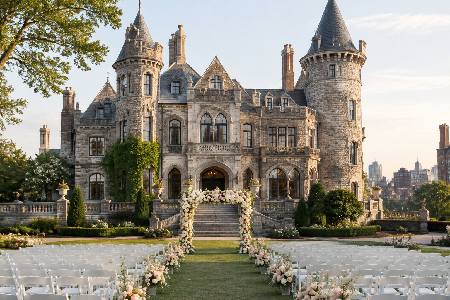 A grand castle-like wedding venue with manicured gardens and an outdoor ceremony setup.