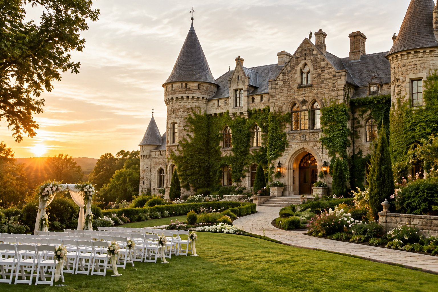 A historic stone castle wedding venue surrounded by gardens and a decorated ceremony area.