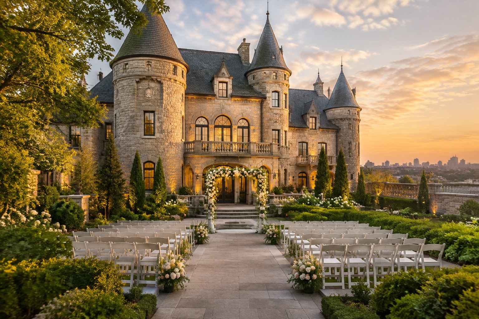 A grand stone wedding venue with turrets, manicured gardens, and an outdoor ceremony area.