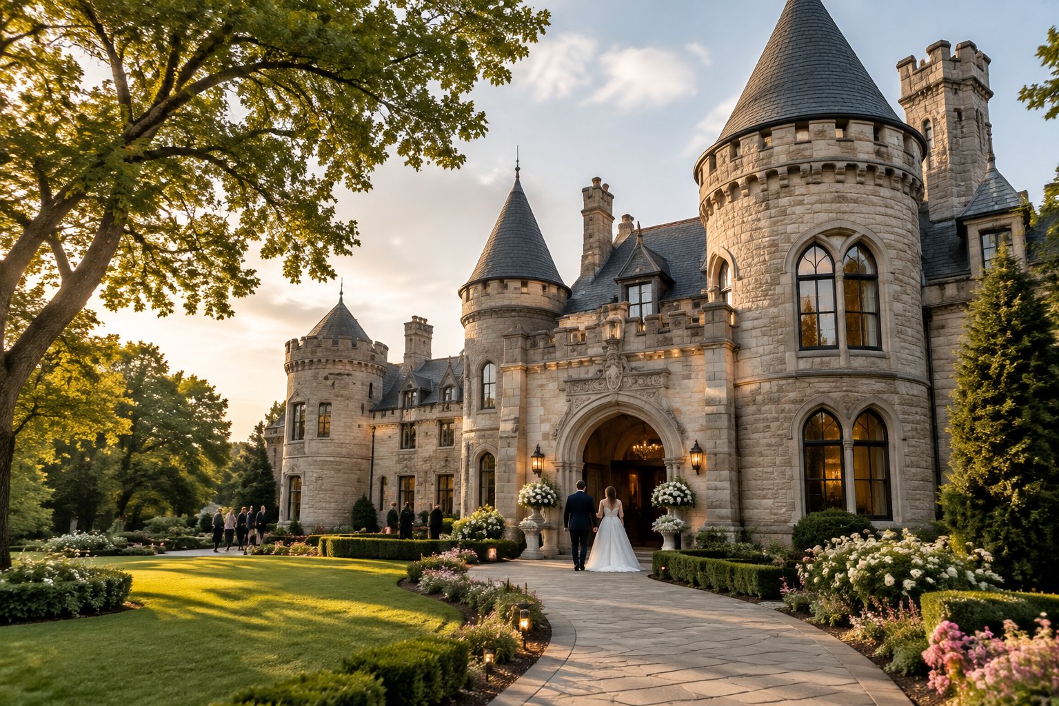 A grand castle-inspired wedding venue surrounded by landscaped grounds, with guests arriving near the entrance.