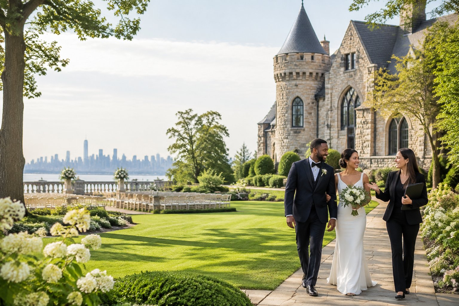 A couple explores the grounds of a castle-style wedding venue near New York City with a wedding planner.