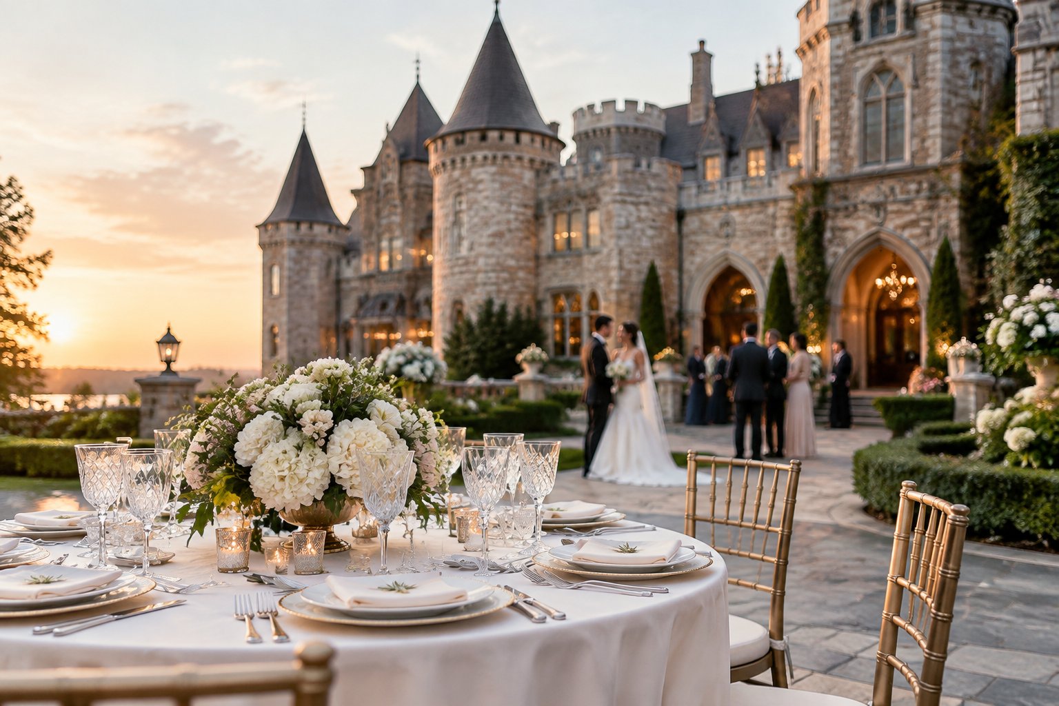 An elegant castle-inspired wedding venue with a decorated reception table and formally dressed guests.