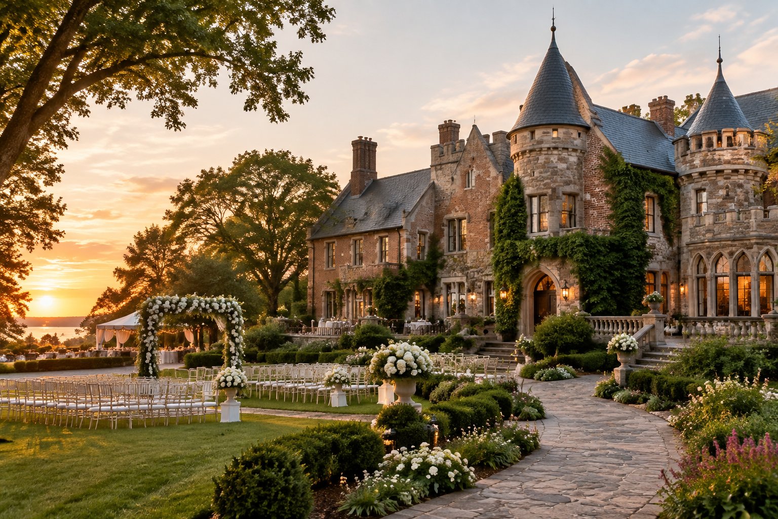 A historic castle-style wedding venue surrounded by gardens and landscaped grounds in Yorktown.