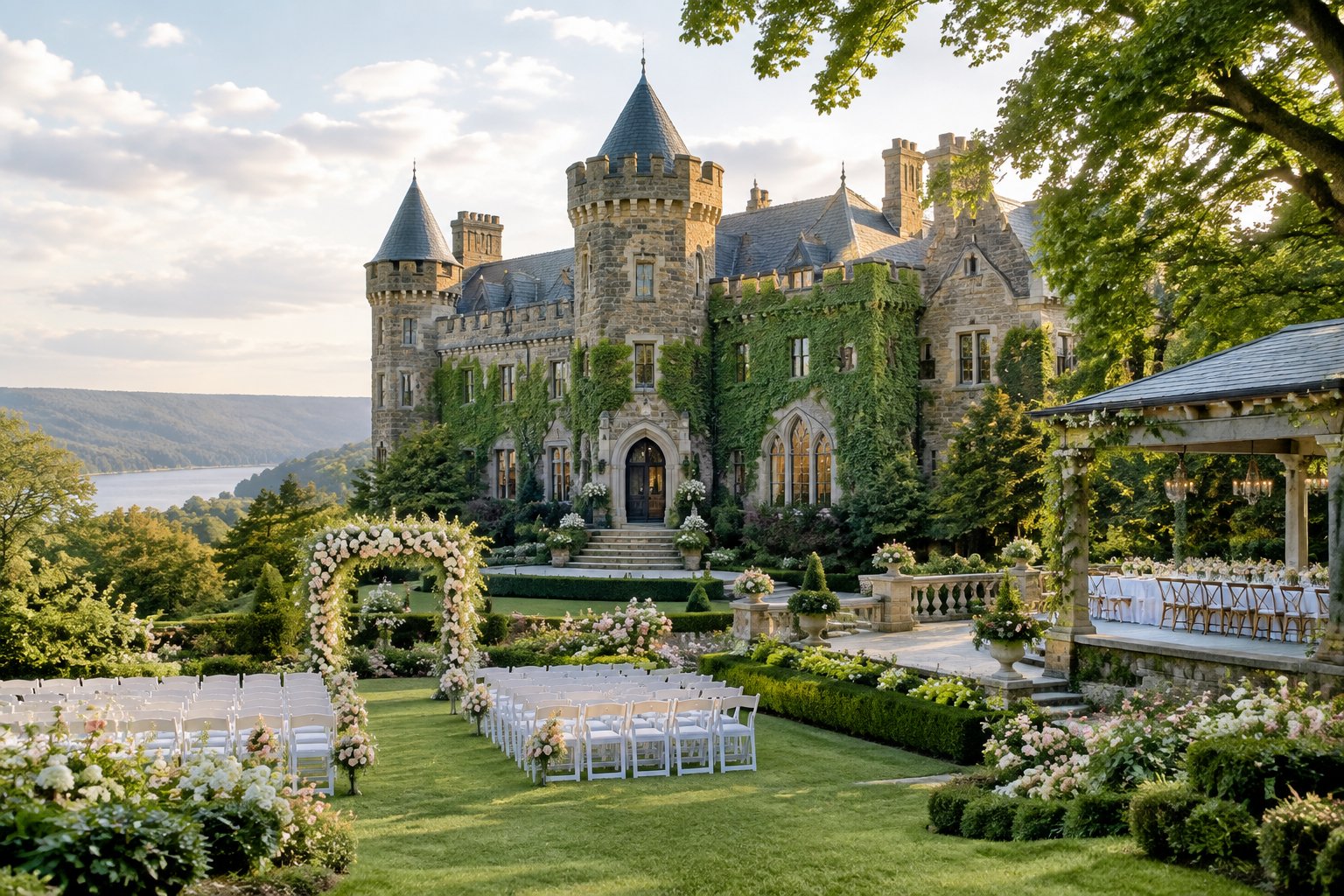 A stone castle-style wedding venue overlooking a decorated garden ceremony area.