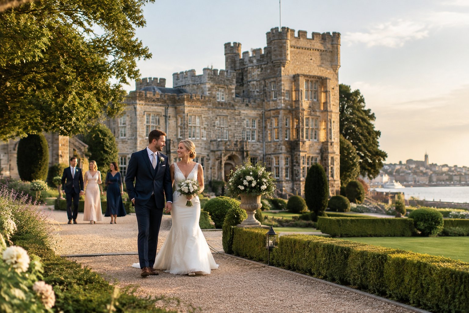 A bride and groom walk through the landscaped grounds of a historic stone castle with wedding guests nearby.