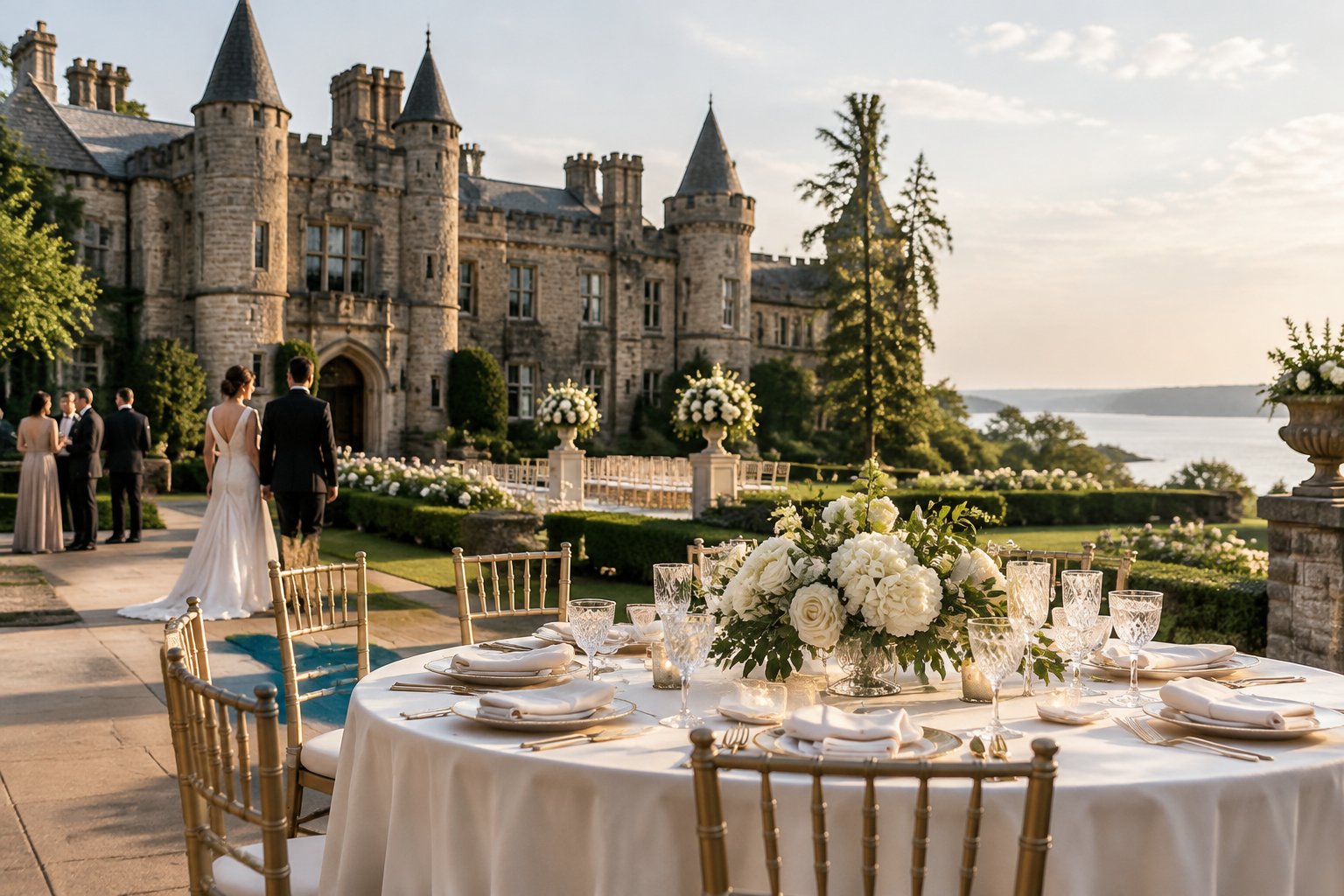 An elegant wedding setup in the garden of a historic castle-like venue in Yorktown.
