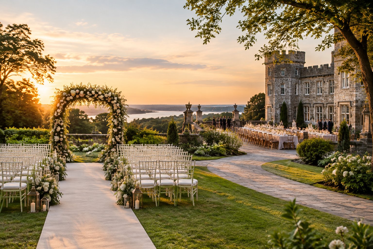 A castle wedding venue with a ceremony area leading to an elegant outdoor dinner reception.