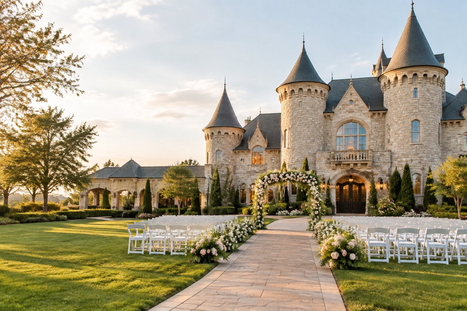 A castle-inspired wedding venue with manicured lawns, a floral ceremony arch, and rows of white chairs.