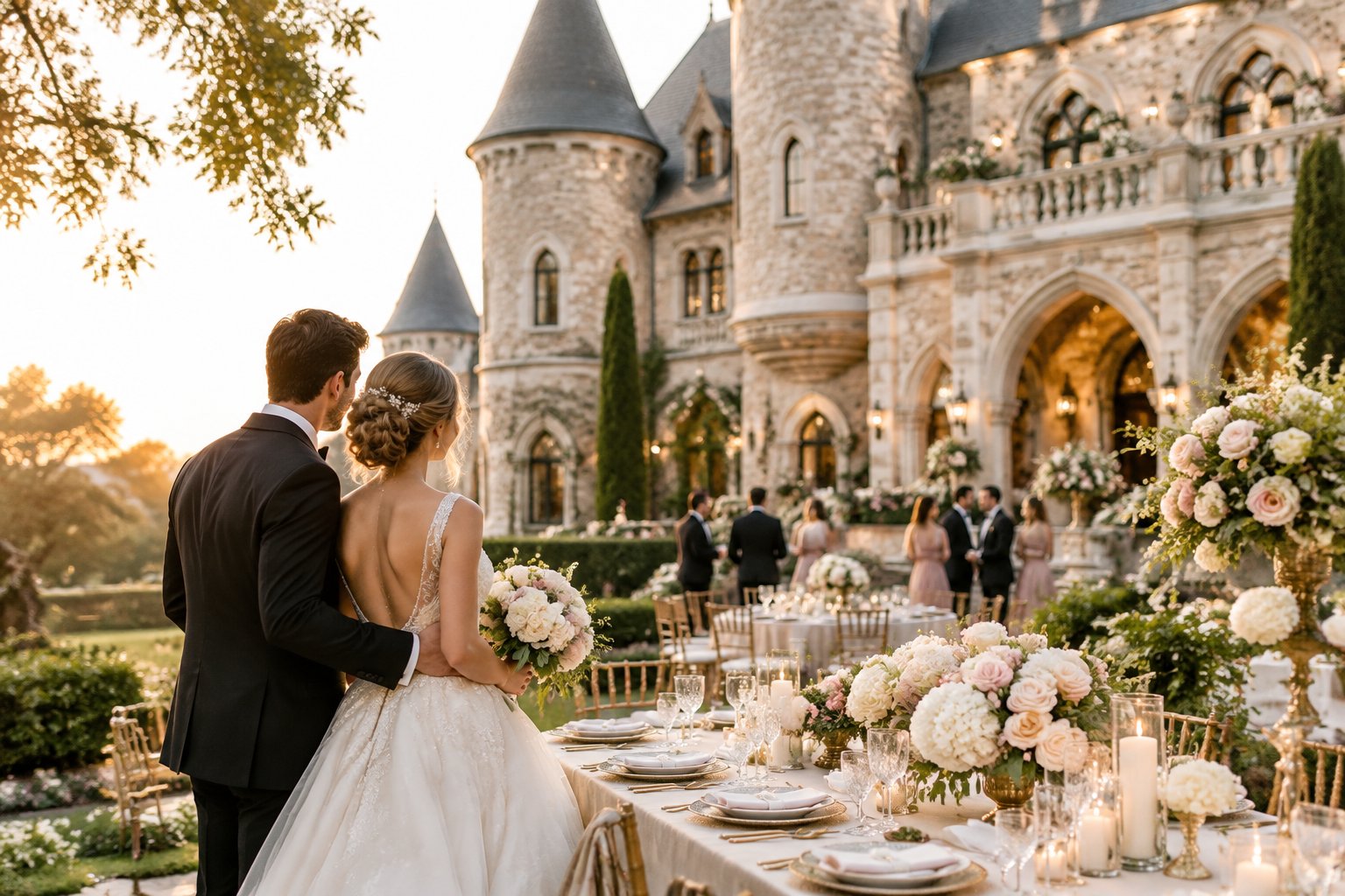 A bride and groom admire an elegant castle-style wedding venue surrounded by gardens and a decorated reception table.