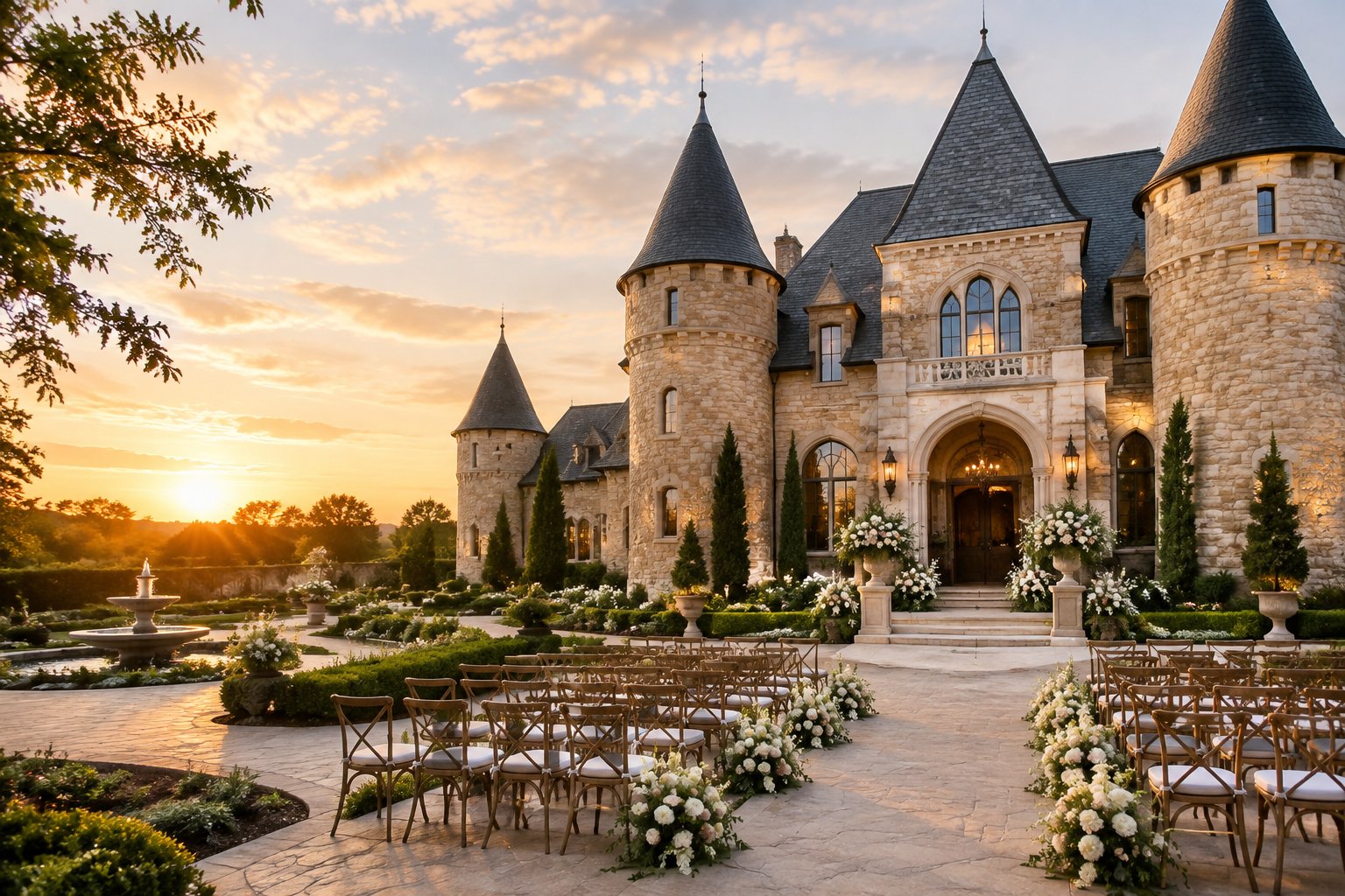 An elegant stone castle-inspired wedding venue with turrets, landscaped grounds, floral arrangements, and ceremony chairs.