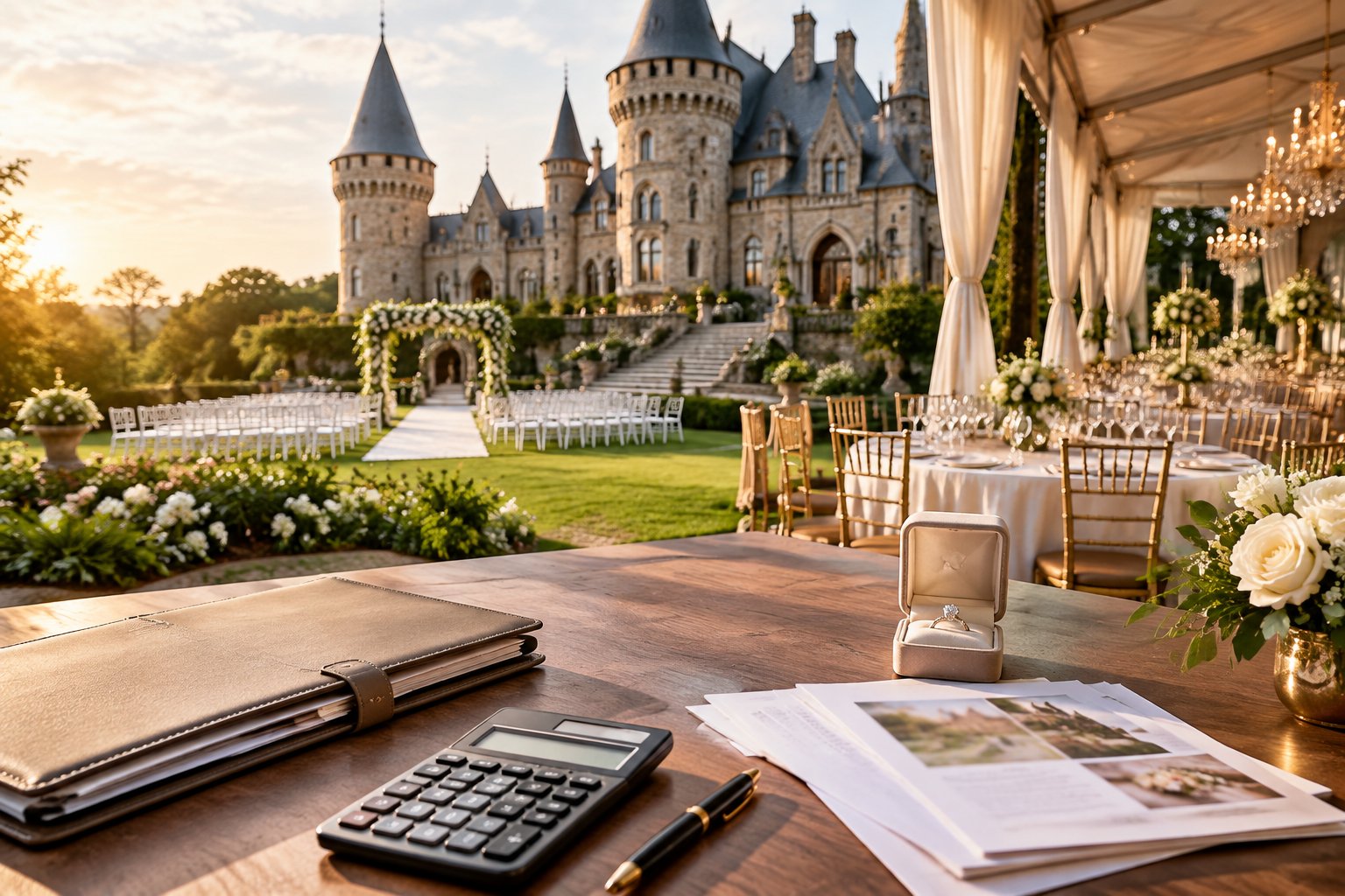 A castle wedding venue with elegant outdoor decorations and wedding budget-planning items in the foreground.