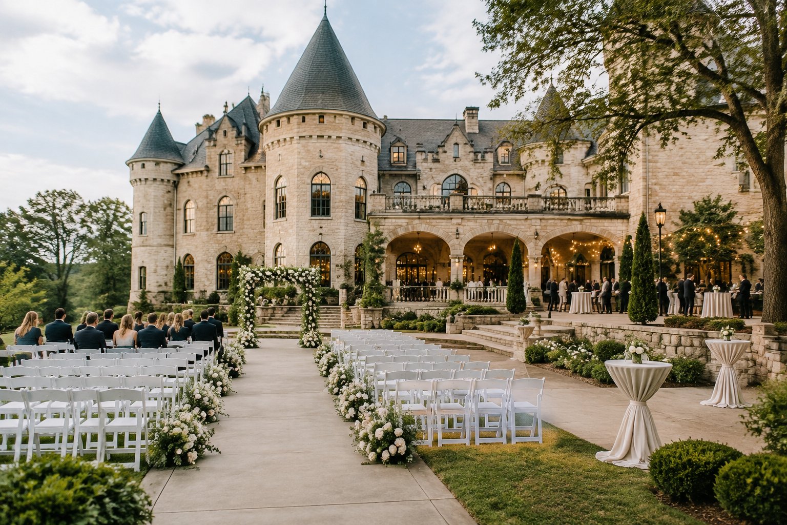 An elegant wedding ceremony arranged in the garden courtyard of a castle venue.